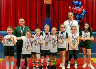 							                                Saint Jude 3rd and 4th Grade Girls team includes, from left: Audrey McShea, Coach Bill Hischak, Adalyn Hischak, Brynley McShea, Grace Obmann, Addison Pecile, Sydney Millard, Coach Jason Millard and Maya Martin. 					