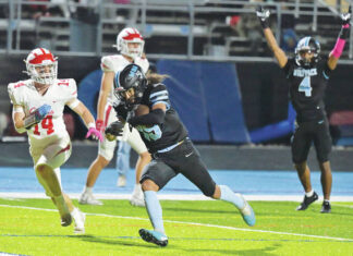 							                                The Wolfpacks Treyvon Gembitski (4) raises his arms just before teammate Achilles Fuentes (19) scampers into the endzone for a Wilkes-Barre Area touchdown.                                 Tony Callaio | For Times Leader					