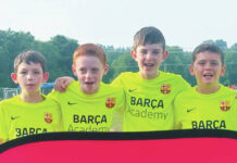 							                                Four members of Mayhem, a local competitive youth soccer team located in Mountain Top, have been invited to play this spring in Barcelona, Spain, at the Barcelona Academy for Soccer. From left: Christopher Mcgeer, Hunter Kruk, Landon Sadowski and Daniel Benyo.                                 Submitted photo					