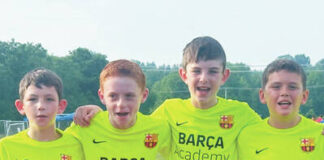 							                                Four members of Mayhem, a local competitive youth soccer team located in Mountain Top, have been invited to play this spring in Barcelona, Spain, at the Barcelona Academy for Soccer. From left: Christopher Mcgeer, Hunter Kruk, Landon Sadowski and Daniel Benyo.                                 Submitted photo					