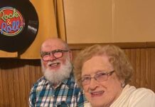 							                                Katie Button, “The First Lady of Mountain Top,” enjoys the oldies at the Mountain Top Historical Society Sock Hop along with Bob Geiser. 					