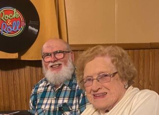 							                                Katie Button, The First Lady of Mountain Top, enjoys the oldies at the Mountain Top Historical Society Sock Hop along with Bob Geiser. 					