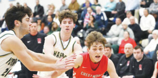 							                                Crestwoods Miles Metz (3) drives the baseline against Wyoming Areas Bruno Pizzano.                                 Tony Callaio | For Times Leader					