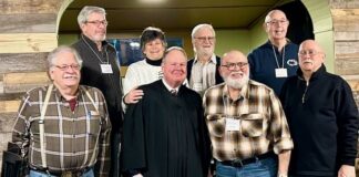 							                                Shown from left are, first row: George Hollock, Trustee; Judge Hughes, and Trustees Robert Geiser, John Kirn. Second row: Leo Loftus, Treasurer; Anne Wambold, Secretary; Steve McGinnis, Vice-President; and Pat Rushton, President.                                 Submitted Photo					
