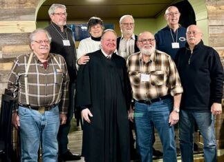 							                                Shown from left are, first row: George Hollock, Trustee; Judge Hughes, and Trustees Robert Geiser, John Kirn. Second row: Leo Loftus, Treasurer; Anne Wambold, Secretary; Steve McGinnis, Vice-President; and Pat Rushton, President.                                 Submitted Photo					