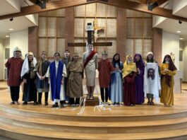 							                                The eighth-grade cast of St. Jude School Living Stations are shown from left: Kai Hong, Noah Prezelski, Colton Kowalski, Rachel Atwal, John Khoury, Michael Ogurkis, Brayden Antonello, Coleman Grandzol, Lily Holtz, Katherine Ventra, Annabelle Schillinger, Elizabeth Decowski and Kadyn Hernandez.                                 Submitted Photo					