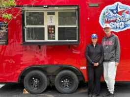 							                                Susan and Jay Thomas stand together in front of their shaved-ice truck, LoneStar Sno.                                 Photo via Jay Thomas					