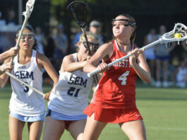 							                                Crestwoods Nyla Knorr sets to score a goal in the second period as Wyoming Seminarys Sarah Chen (3) and Sophia Medico defend.                                 Mark Moran | For Times Leader					